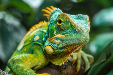 Fototapeta premium Vibrant close-up of a green chameleon resting on a branch amidst dense foliage, showcasing its detailed and colorful scales.