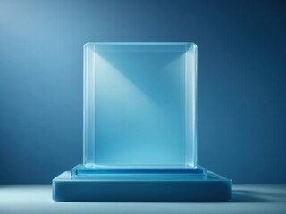 Blue frosted glass panel and blue podium on blue background