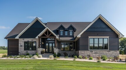 ranch home with a striking contrast between dark siding and light stone accents, offering a modern aesthetic