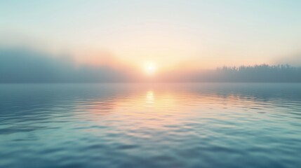 Fototapeta premium A serene misty sunrise over a calm lake, capturing the tranquil beauty of early morning with soft, pastel hues and reflective waters.
