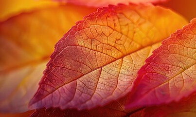 Fototapeta premium Close up of vibrant autumn leaves with rich, warm colors showcasing intricate details and texture in a beautifully captured image.