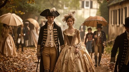 Elegant couple in period costume walking through a historic village with autumn leaves, evoking a timeless atmosphere.
