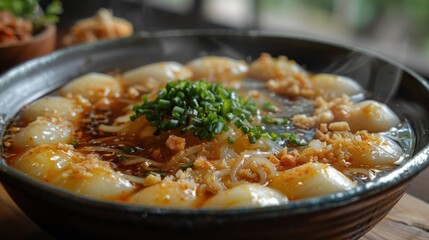 Close-up of Steaming Bowl of Asian Noodle Soup with Meatballs