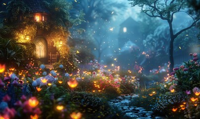 Obraz premium Enchanting fairy tale garden with glowing flowers and lights at twilight, creating a magical atmosphere near a cozy cottage.