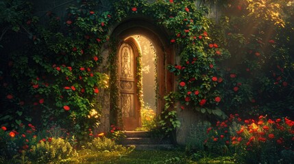 Enchanting garden archway with vibrant flowers and lush greenery, illuminated by soft sunlight, evoking a magical and serene atmosphere.