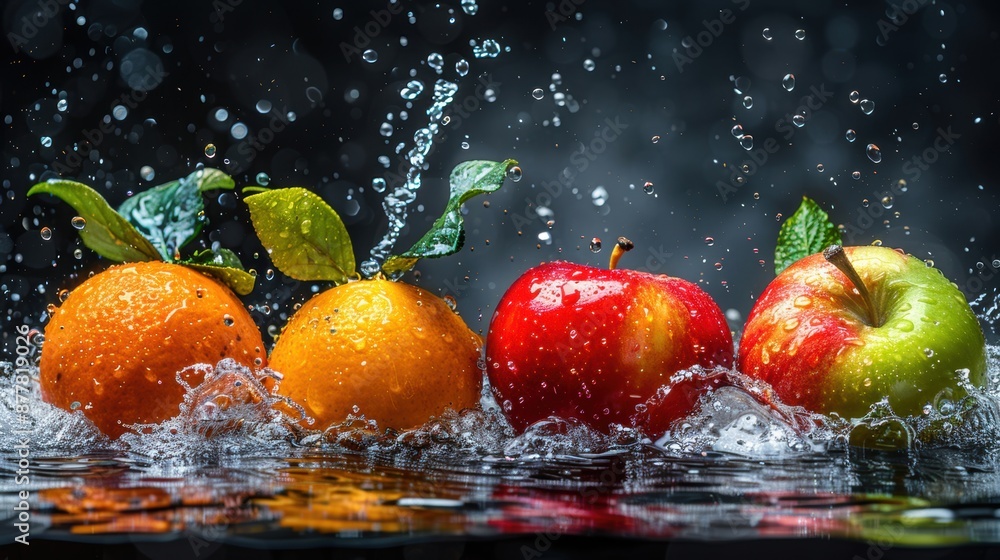Poster oranges and apples splashing in water, creating a dynamic and refreshing visual effect with droplets