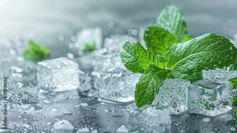 Poster close-up of fresh mint leaves with ice cubes on a cool, refreshing surface, creating a crisp and inv