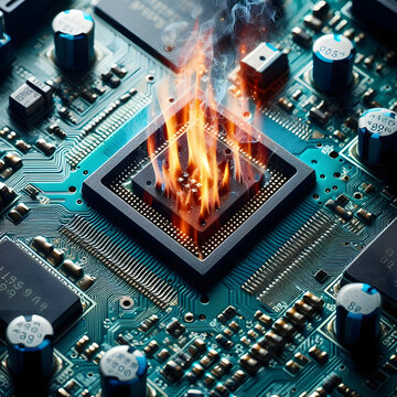 Close up CPU chipset microchip in mainborad from computer overload until fire burning