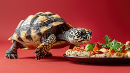 Obraz premium Turtle Approaching Plate of Fresh Pizza on Vibrant Red Background
