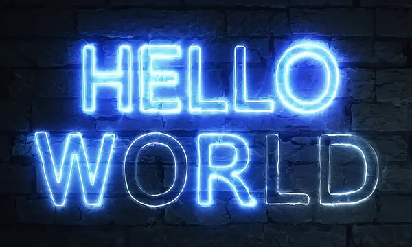 The word 'HELLO WORLD' in neon lights against a dark, textured wall (mov)
