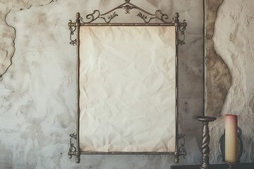 Ornate vintage mirror with blank canvas and candlelit table