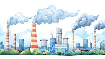Gas emissions, industrial landscape with smokestacks, pollution awareness, watercolor style
