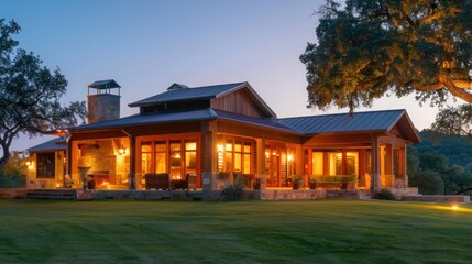 Fototapeta premium ranch house with a dramatic evening setting, featuring uplighting that highlights the architectural details