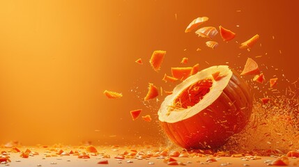Exploding Pumpkin on Orange Background with Flying Fragments and Seeds