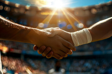 a close up of two people shaking hands with a crowd of people in stadium background