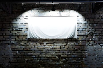 Illuminated blank canvas hanging on brick wall at night
