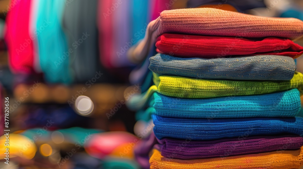 Poster a neatly stacked pile of colorful folded clothes displayed in a store, showcasing a vibrant array of
