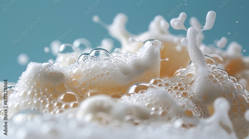 Poster close-up of foamy bubbles with a blue background, capturing the playful and dynamic textures of the 