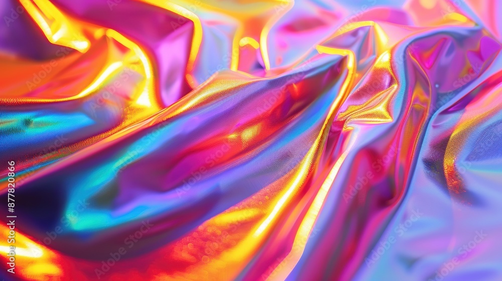 Aufkleber close-up of iridescent holographic fabric with vibrant colors and a silky, shiny texture, creating a