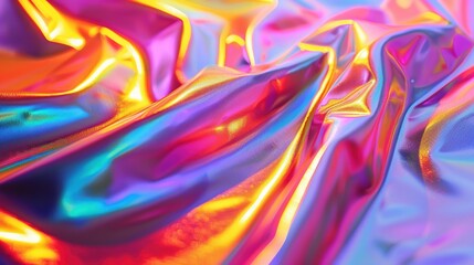 Fototapeta premium Close-up of iridescent holographic fabric with vibrant colors and a silky, shiny texture, creating a mesmerizing visual effect.