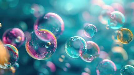 Colorful bubbles dance in shades of pink, blue, green, and yellow on a serene blue backdrop, forming a lively and vibrant spectacle.
