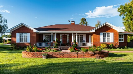 ranch house with a traditional red brick exterior, complemented by white trim and a welcoming front porch