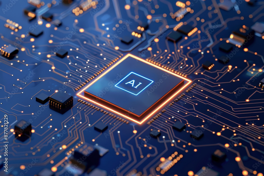 Poster macro shot of a graphic chip with the text ai on chip. intelligent artificial concept