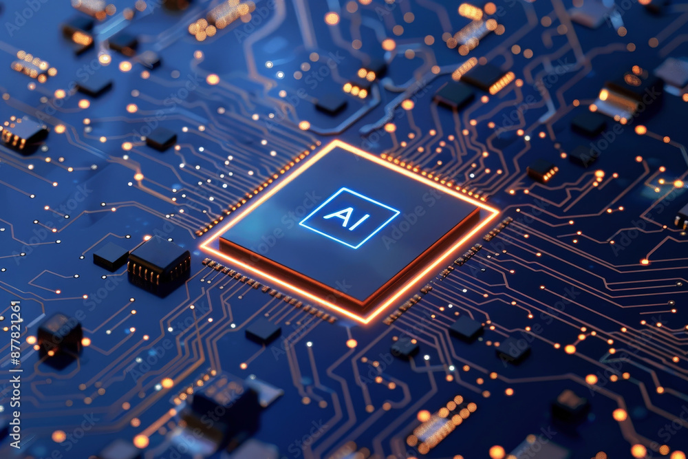 Poster macro shot of a graphic chip with the text ai on chip. intelligent artificial concept