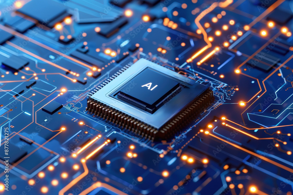 Poster macro shot of a graphic chip with the text ai on chip. intelligent artificial concept