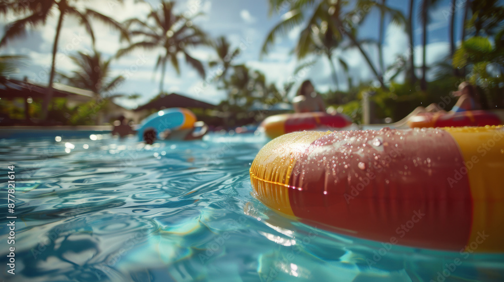 Aufkleber colorful floaties in a swimming pool during a sunny day, creating a fun and relaxing atmosphere perf