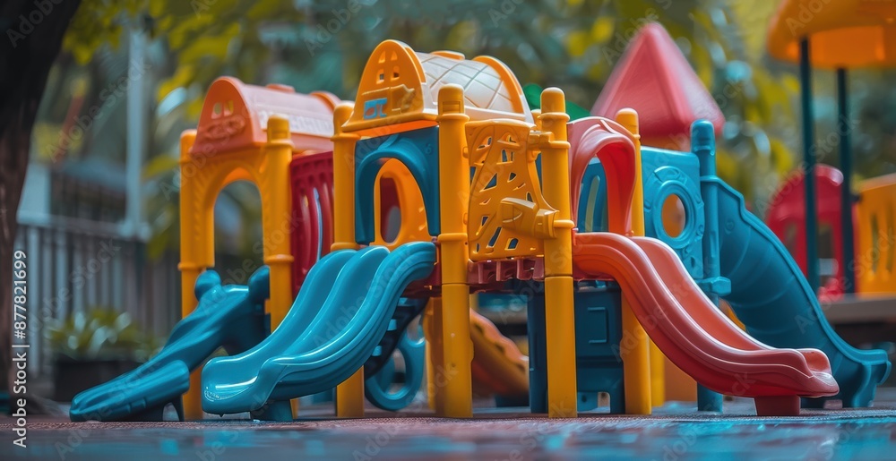 Poster a vibrant outdoor playground with colorful slides and structures, designed for children's fun and ph