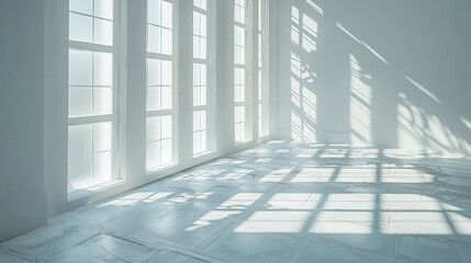 Obraz premium A pristine white room glows in sunlight, casting window grid shadows on walls and floor, evoking a serene, minimalist ambiance. 