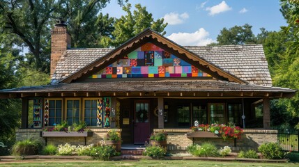 Naklejka premium ranch house with a whimsical twist, including a colorful, patterned roof and matching window boxes