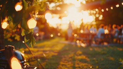 A sunset backyard barbecue gathering with string lights and bokeh effect, creating a warm and festive atmosphere.