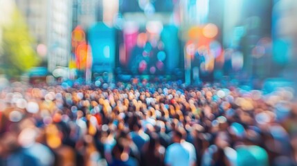 A vibrant city street filled with a blurry crowd and colorful lights, capturing the energy and hustle of urban life.