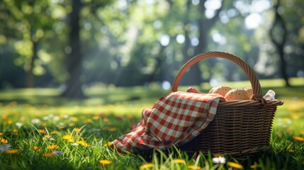 A picnic basket with a red-checked cloth on green grass in a sunny park, surrounded by flowers and trees, ideal for a relaxing day out.