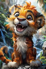 Fototapeta premium Cute smiling lion cub, digital, playful cartoonish, caricature-like, vector art illustration, colorful cartoon, character, vibrant primary