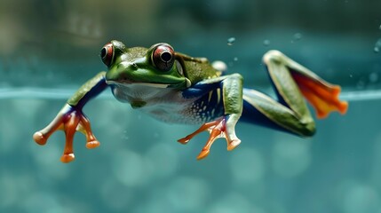 Naklejka premium Xenopus Frog in a swimmer’s outfit, competing in a race.
