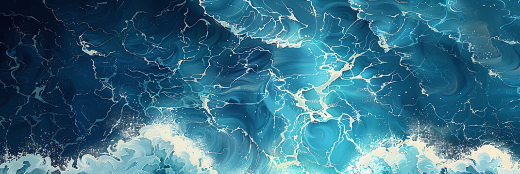 An artistic top-down view of the ocean captures the dynamic movement of waves in a pixel style. The vibrant blue water and whitecaps create a visually engaging and serene marine scene.