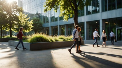 Blurred background of people walking in a modern office building with green trees and sunlight , eco friendly and ecological responsible business concept