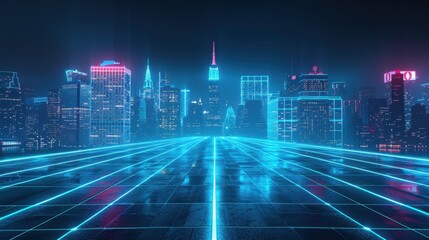 Modern city skyline rendered in glowing blue neon lines on a dark canvas, evoking a futuristic urban vibe.
