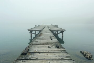Obraz premium A weathered wooden pier jutting out into the misty waters of a tranquil bay, Generative AI 