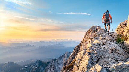 4 Solo traveler climbing a mountain, dawn, breathtaking view, Adventure, Mountain Climbing, Solitude
