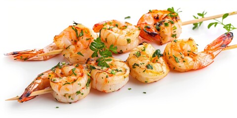 Grilled shrimp skewer delicacy: Presented alone on a pure white background, showcasing the tempting flavors of summer barbecue