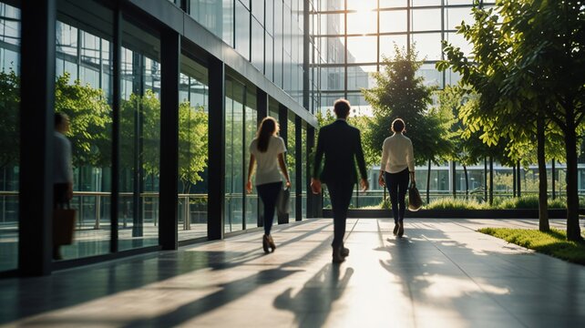 Blurred background of people walking in a modern office building with green trees and sunlight , eco friendly and ecological responsible business concept