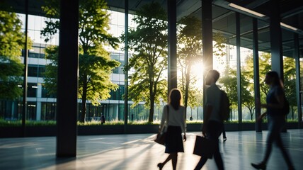Blurred background of people walking in a modern office building with green trees and sunlight , eco friendly and ecological responsible business concept