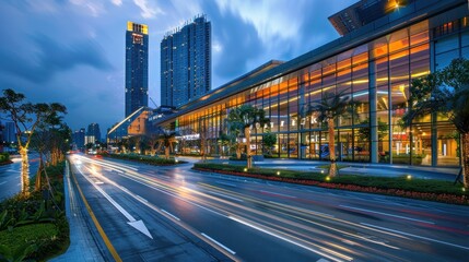 Obraz premium Nighttime View of City Street with Modern Buildings