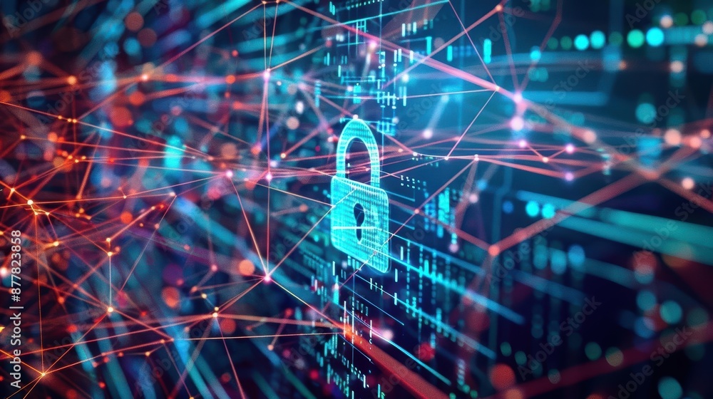Poster digital cybersecurity network with lock symbol, abstract technology design