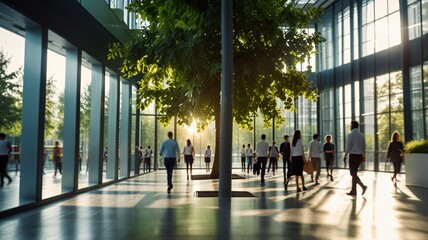 Blurred background of people walking in a modern office building with green trees and sunlight , eco friendly and ecological responsible business concept