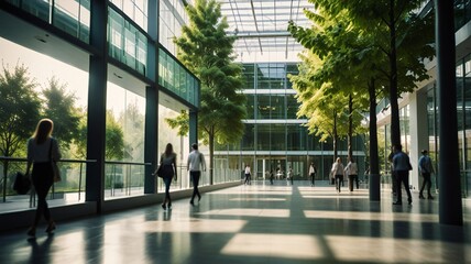 Blurred background of people walking in a modern office building with green trees and sunlight , eco friendly and ecological responsible business concept